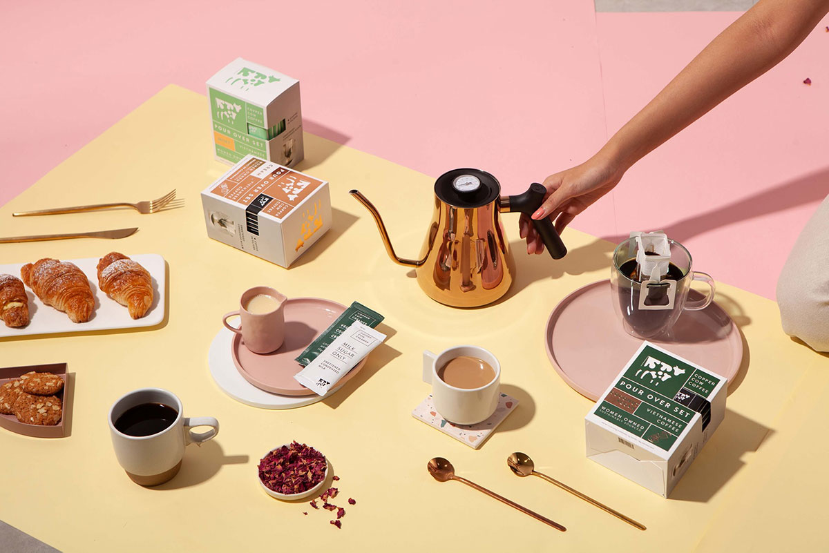 Copper Cow Coffee’s ready-to-brew format involves a single-serve drip filter and sachets of condensed milk creamer.